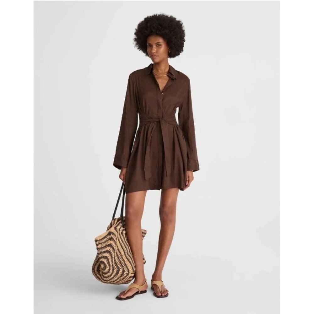 Madewell Brown Linen Blend Tie Waist Shirt Dress Long Sleeve Size 12‎